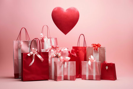 A collection of shopping bags filled with presents, adorned with bows and ribbons, symbolizing love and gifts for Valentine's Day.の写真素材