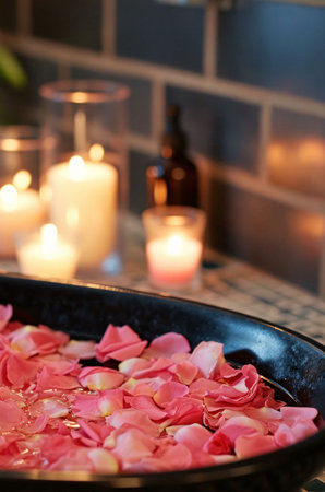 A close-up view of a black bowl filled with pink rose petals in water. The petals are soft and...