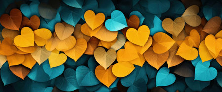 A close-up shot of heart-shaped leaves in shades of yellow, orange, and green, creating a beautiful...
