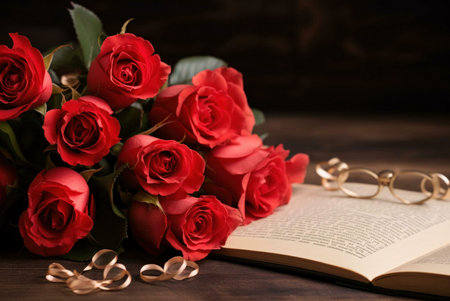 A close-up shot of a bouquet of red roses lying on a table next to an open book, creating a romantic and elegant still life.の写真素材