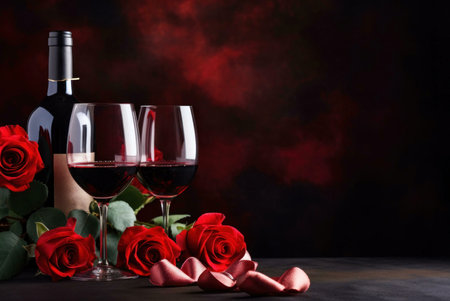 Two glasses of red wine with a bottle of wine and red roses on a dark background.の写真素材