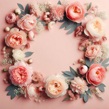 A vibrant arrangement of pink roses and other flowers on a light pink background, creating a soft and romantic atmosphere.の写真素材