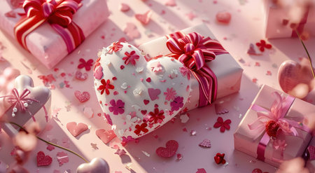 A pink heart shaped gift surrounded by other wrapped presents and pink decorations, perfect for...