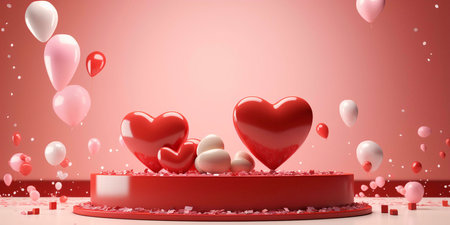 A red heart on a platform with balloons around it. A perfect backdrop for a Valentine's Day message.の写真素材