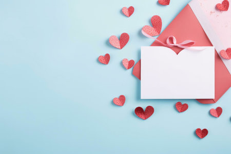 A romantic card design with a blank white card on a red envelope, surrounded by scattered red hearts on a blue background.の写真素材
