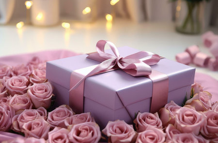 A beautifully wrapped purple gift box with a pink ribbon sits on a bed of pink roses, creating a...