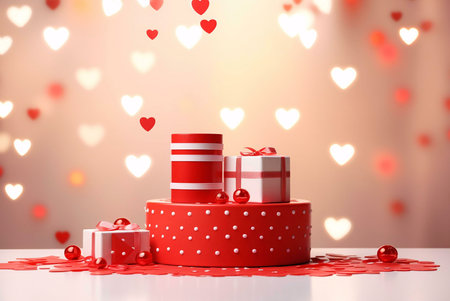 A red and white gift box with a bow on top, surrounded by hearts and a red background.の写真素材