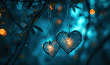 Two heart shaped lights are hanging from a tree branch, glowing softly in the night.