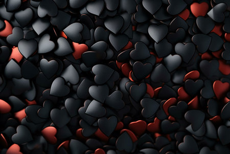A close up of a textured background of black and red hearts. The image can be used as a pattern, texture, or background for various creative projects.の写真素材
