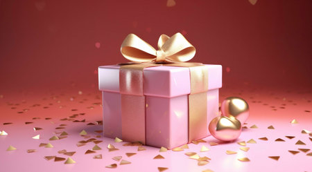 Pink gift box with a golden bow and heart decorations on a pink background.