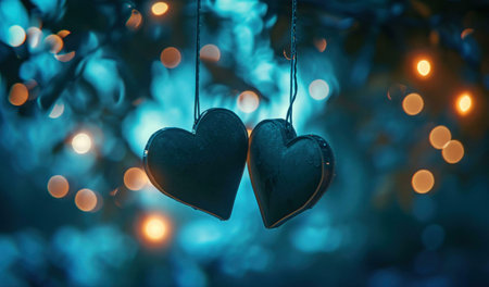Two black heart ornaments hanging from a string against a blurry blue background with warm lights.の写真素材