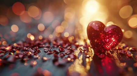 A close-up of a red glass heart resting on a wooden surface. The heart is surrounded by a soft, golden light and a scattered pattern of bokeh.の写真素材