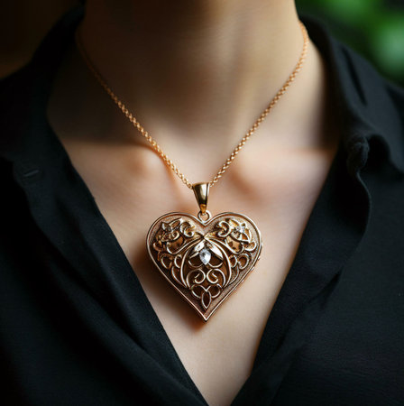 A close-up image of a gold heart pendant necklace with sparkling diamonds