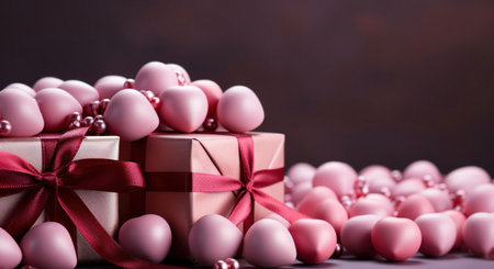 A close-up image of pink heart shaped chocolates and gifts, perfect for Valentine's Day.の写真素材