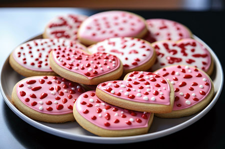 Close up of a plate of heart-shaped cookies, decorated with pink icing and white sprinkles