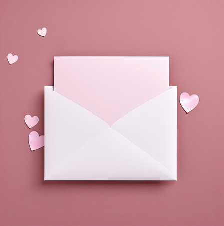 A white envelope with a pink letter inside, surrounded by pink hearts on a pink background.の写真素材