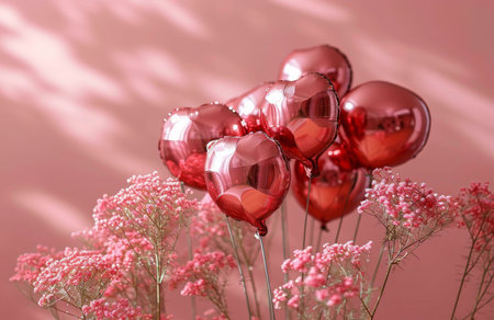 A cluster of heart-shaped pink balloons adorned with delicate pink flowers, capturing the essence of romance and celebration.の写真素材