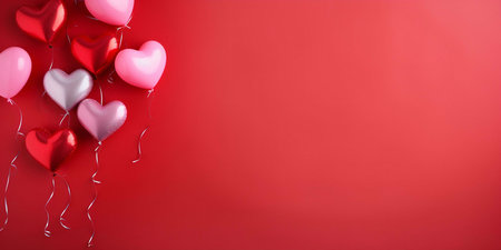 A cluster of heart-shaped balloons in shades of pink and red against a vibrant red background. They...