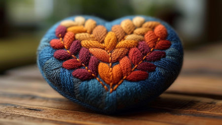 A close-up shot of a blue heart shaped pillow embroidered with autumnal colored leaves. The vibrant colors and intricate details showcase the beauty of handmade crafts.の写真素材