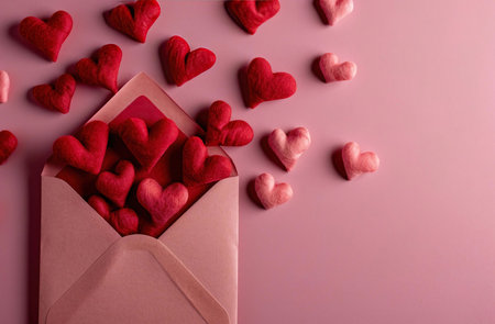 An envelope filled with red hearts on a pink background, symbolizing love and affection.の写真素材