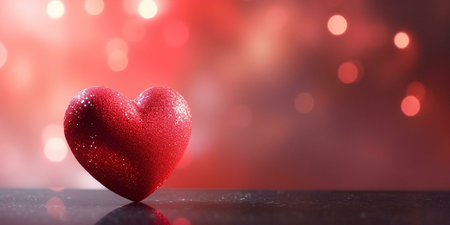 A close-up of a shiny red heart on a red background with bokeh lights.の写真素材