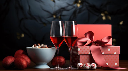 A romantic dinner setting with two glasses of red wine, a gift box, and chocolatesの写真素材