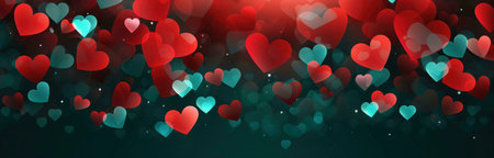 Abstract background with red and teal hearts, blurred for a soft focus and glow effectの写真素材