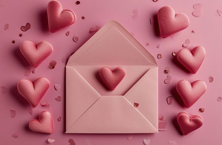 A pink envelope with a heart inside surrounded by pink hearts and confetti.の写真素材