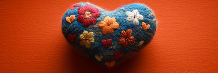 A close-up of a blue heart-shaped embroidered with colorful flowers. The heart is against an orange background.の写真素材