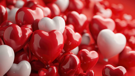 A close-up image of red and white heart shapes, symbolizing love and romance, perfect for Valentine's Day.の写真素材
