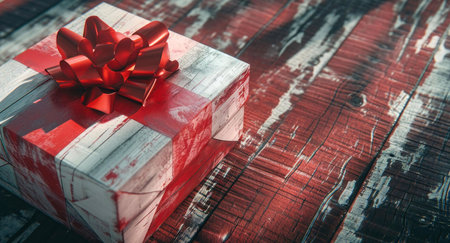 A beautifully wrapped gift box with a red ribbon and bow sits on a rustic wooden table. The gift is...