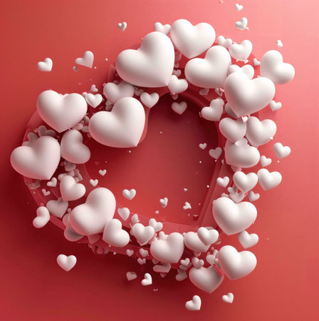 A collection of white hearts forming a heart shape against a red background.