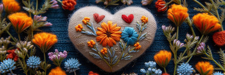 A close-up of an embroidered heart with flowers, showing intricate details and delicate stitches. The heart is a symbol of love and romance, and the flowers add a touch of beauty and nature to the design.の写真素材