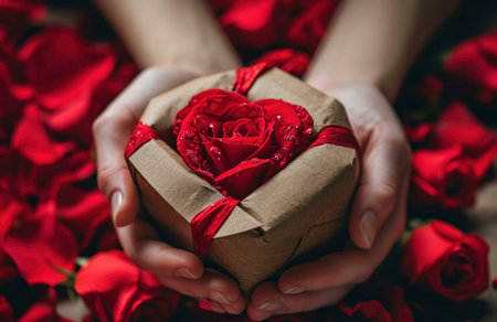 Close-up view of a hand holding a gift box in the shape of a heart, decorated with a red rose and wrapped with a ribbon. The box is surrounded by a bed of rose petals, creating a romantic and elegant ambiance.の写真素材