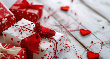 A close-up shot of gifts wrapped in red and white paper with red ribbons and hearts.