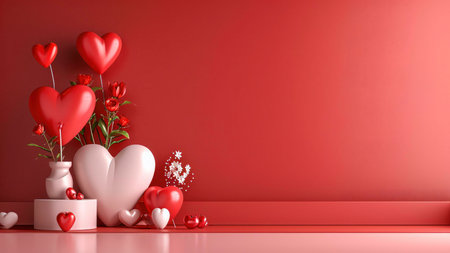 Red and white hearts with flowers on a red background. Concept for Valentine's Day, love and...