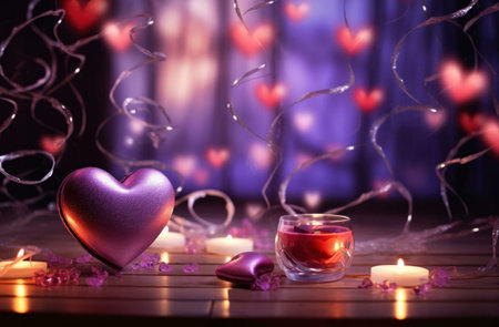 A heart shaped decoration with a red candle in the background. The image is set in a romantic atmosphere, with a warm glow of the candles and the soft light of the background.の写真素材
