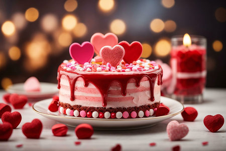 A pink and red Valentine's Day cake, decorated with heart-shaped candy and sprinkles, is surrounded...
