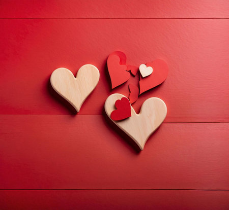 A close-up shot of red and white wooden hearts arranged on a red wooden background.の写真素材