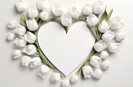 A heart shape formed by white tulips on a white backgroundの写真素材