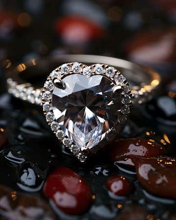 A close-up image of a diamond ring, showing its sparkle and intricate details. The ring is set...