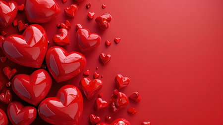 Red heart shaped objects scattered on a red background, a symbol of love.