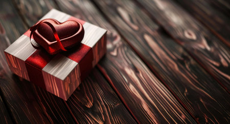 A red heart-shaped gift box with a ribbon is sitting on a dark wooden background.の写真素材