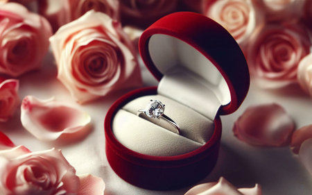 Close-up of a diamond engagement ring in a red velvet box, surrounded by rose petals.