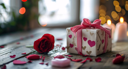 A close-up shot of a romantic gift on a wooden table with a red rose and scattered heart-shaped petals.の写真素材