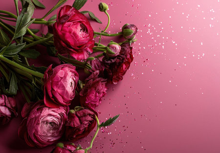 A close-up shot of a vibrant red rose bouquet against a soft pink background. The flowers are in...