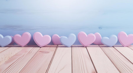 A row of pink and blue 3D hearts resting on a wooden table against a light blue background.の写真素材