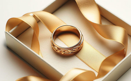 A gold wedding ring lies in a box with a satin ribbon. The ring is a symbol of love, commitment, and...