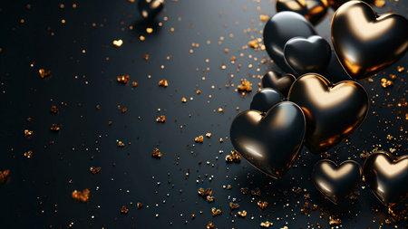 A dark background with shiny gold and black hearts and glitterの写真素材