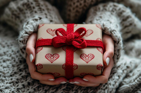 Close-up of a woman's hands holding a gift box wrapped in brown paper with a red ribbon and hearts. The gift is being held in the woman's hands, and the image is taken from a close-up perspective.の写真素材